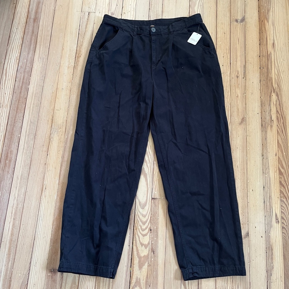 Free People Pleated Trousers Womens 16 Black Wide Leg High Rise Cotton Pants